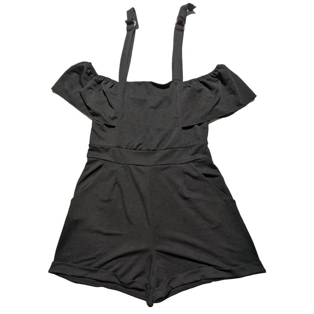 XOXO Pinafore Cold Shoulder Ruffle Romper Caviar Black - Women Juniors 2XL NEW